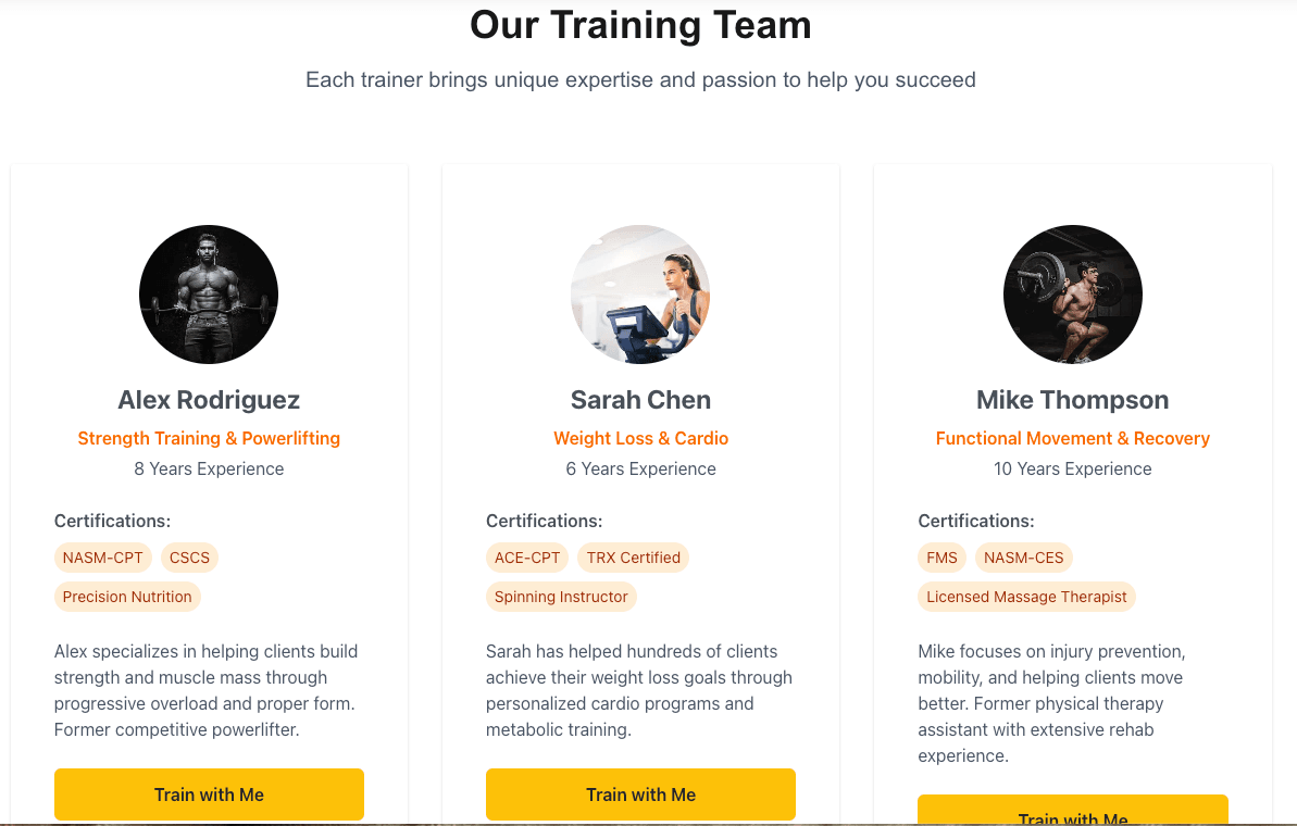 Trainer Profiles - ProGrade Fitness Solutions Professional trainer management with client tracking and booking